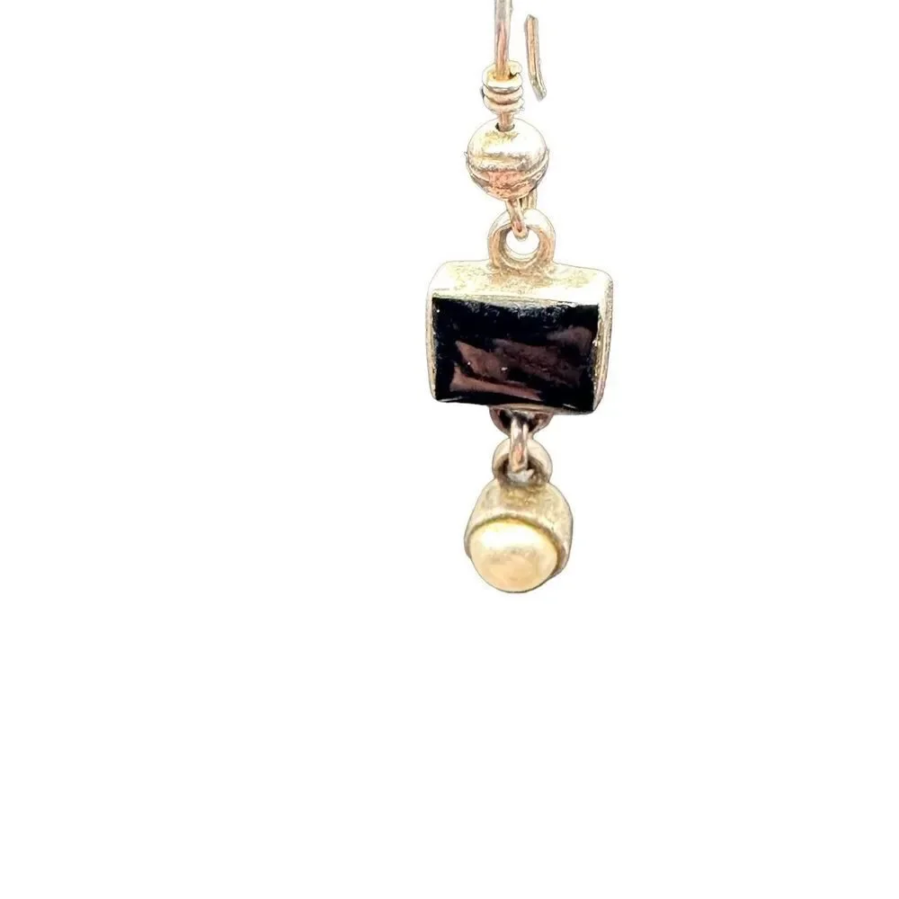 Sterling Silver Dangle Earrings Square Black Onyx with dangle faux pearl cabocho